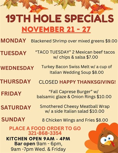 Information for the 19th Hole Specials found in message