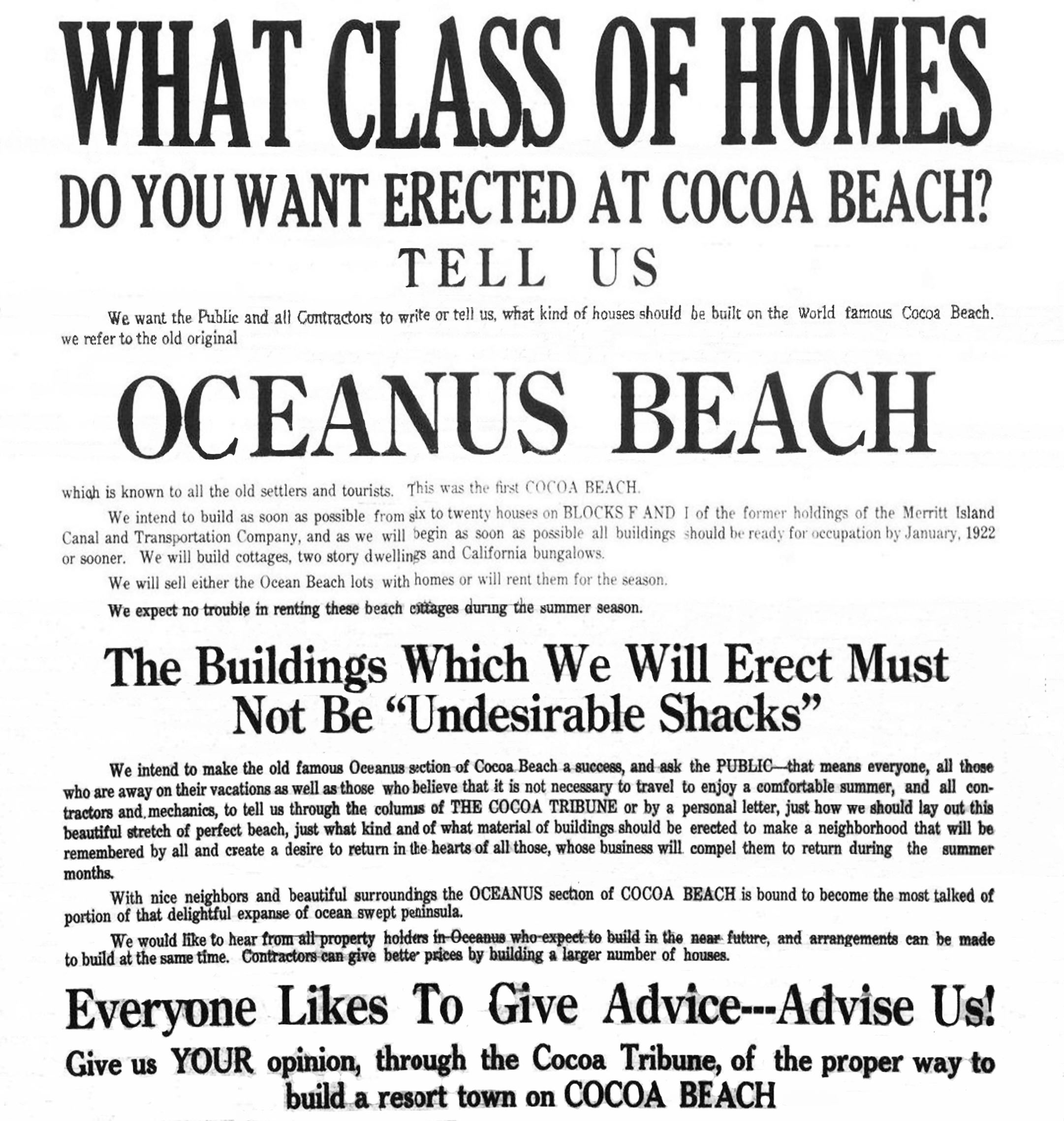 What Class of Homes do you want at Cocoa Beach Advertisement -  4 Aug 1921