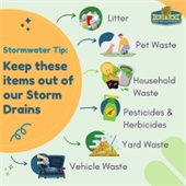 StormWater tips Keep these items out of the drains - Vehicle waste, yard waste, pesticides & herbicides, household waste, pet litter, litter