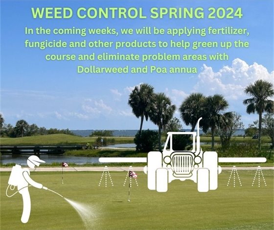 In the coming weeks, you will see our maintenance team begin spraying fertilizers, fungicides and other products to help improve the conditions at the course, including eliminating Dollarweed and Poa Annua.    When doing some of these procedures we need the the weather to cooperate (ex. to apply some products the temperature has to be above specific thresholds) and at times it delays us being able to apply product.    We are aware of current issues and will be doing our best to improve conditions as soon as possible for your enjoyment!  Thank you for your patience and understanding!