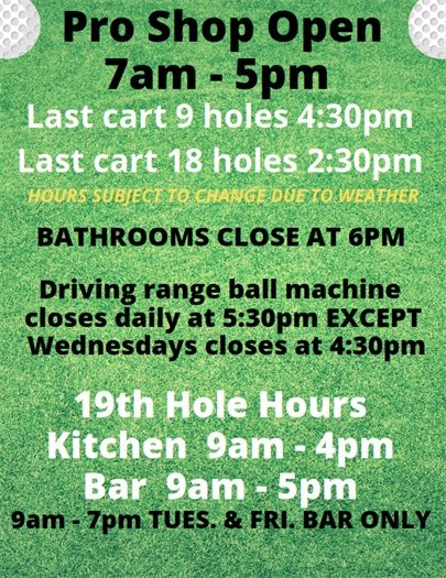 Pro shop and 19th Hole hours