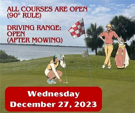 COURSE CONDITION UPDATE:  All 3 courses are open with 90° Rule in effect.  The driving range will open this morning, on the grass tees, after our maintenance crew mows. 