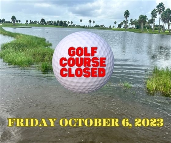 Unfortunately all 3 courses and the driving range will remain closed today, Friday October 6th, 2023 due to the slow drainage of the course with the amount of rain we've taken on this week.  Our maintenance crew continues working hard pumping water off the course and getting it ready for when we reopen.   Keep checking our social media for updates or sign up for our newsletter which you can do at cityofcocoabeach.com  If you'd like to rebook a tee time for another day, please call the Pro Shop so we can help.  The 19th Hole will be open until 3pm, so come by and see our updated décor and try this week's specials!