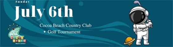 Sunday, July 6 - Cocoa Beach Country Club, Golf Tournament. Image: illustration of an astronaut golfing with Saturn as the golf ball