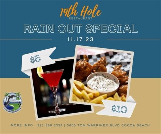 19th Hole Restaurant Rain Out Specials - $5 Titos Cosmos and $10 for 10 Wings, Fries, and a drink