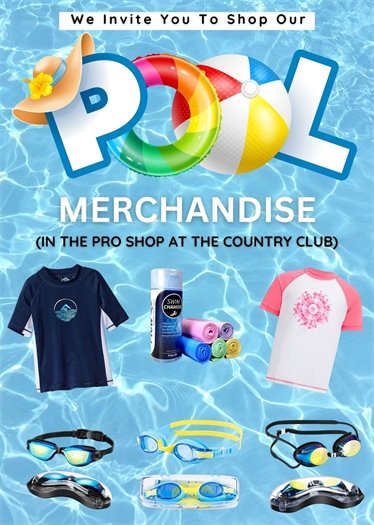 We are excited to announce that the Pro Shop at the Country Club will now carry a limited supply of pool items.  We will carry items like goggles, ear plugs, swim caps, etc.  The next time you're at the pool or in the Pro Shop, please see our latest merchandise! ????????????