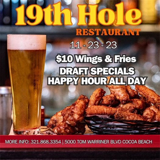 Even though the Golf Course is closed, the 19th Hole will be open until 2pm.  Come in and enjoy $10 wings and draft specials until then!