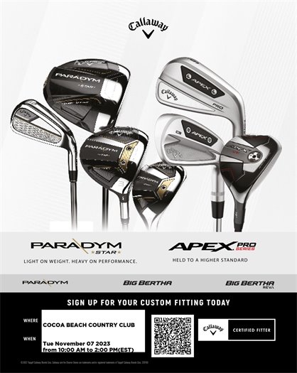 Join us at Cocoa Beach Country Club on November 7, 2023 between 10am and 2pm for a Callaway Performance Fitting Event.  This is a GREAT opportunity to be find the clubs that will help you perform at your maximum!  Fittings are by appointment only, so please use the link or QR code to register.  If you have any questions, please don't hesitate to stop by the Pro Shop.  https://process.callawaygolf.com/CgiServices/Fitting/B2cEmail?eventid=02cbe0c0-12d1-457b-9d0e-a09143885fd5&type=1