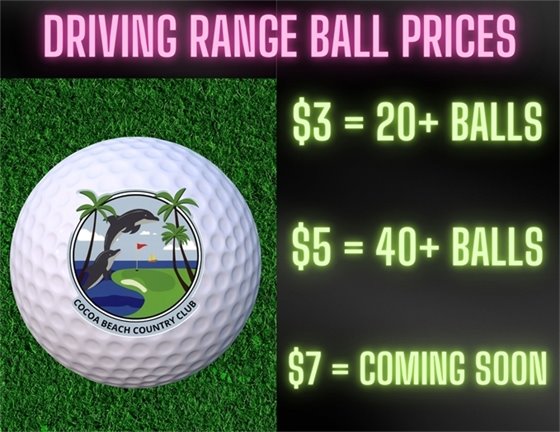 Driving range ball prices, $3 = 20+ balls, $5 = 40+ balls, $7 = coming soon