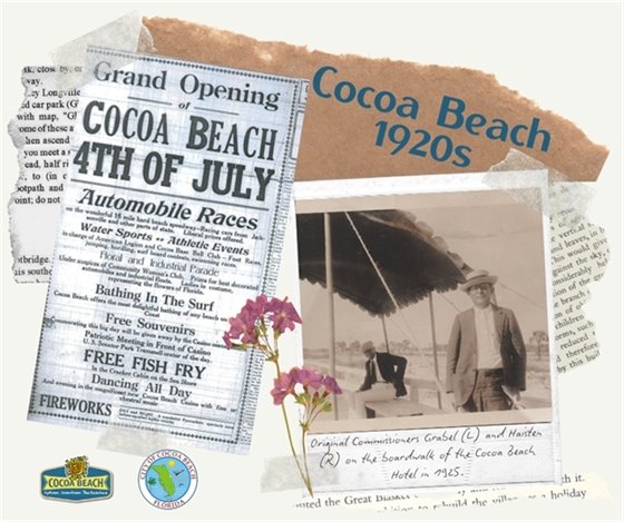 image of an article about the upcoming July 4th event in 1925 on the beach. Image of two of the first city commissioners on the boardwalk
