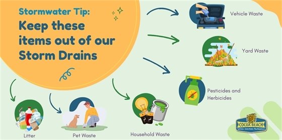 StormWater Tip Keep these items out of our storm drains. Litter, Pet Waste, Household Waste. Pesticides and herbicides, Yard Waste, and Vehicle waste