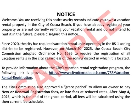 Sample of the post card sent to unregistered Vacation Rentals