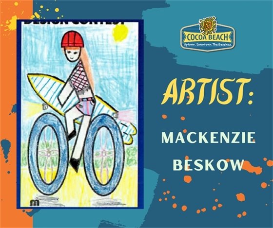 Artist Recognition: Mackenzie Beskow, bike symbol with a person riding to the beach with their surf board.