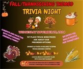 Fall/thanksgiving themed trivia night, wednesday november 20, 2024, compete and have fun with and against family and friends, $0 entry fee, maximum 8 per table, 1st place trivia wins prizes, ask about our preorder options, drinks and food available 5:30pm, trivia starts 6:00pm, cocoa beach country club 19th hole restaurant, for more information or to reserve a table contact edward.thinger@cityofcocoabeach.com