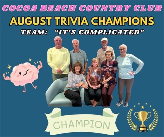 Cocoa Beach Country Club, August Trivia Winners, Team "It's Complicated", champion