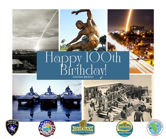 Happy 100th Birthday.Rocket launches, Kelley Slater statue, astronauts on their corvettes, and a surf context in cocoa beach (black & white)